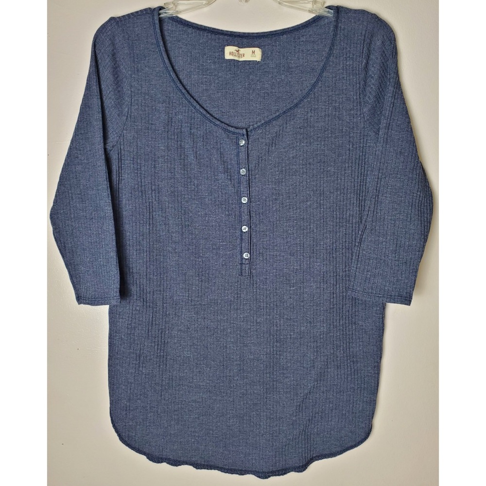 Hollister Ribbed Henley Heathered‎ Navy Blue 3/4 Sleeves Women's Medium Y2K